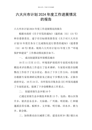 六大兴市计划2024年度工作进展情况的报告
