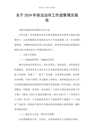 关于2024年依法治市工作进展情况报告