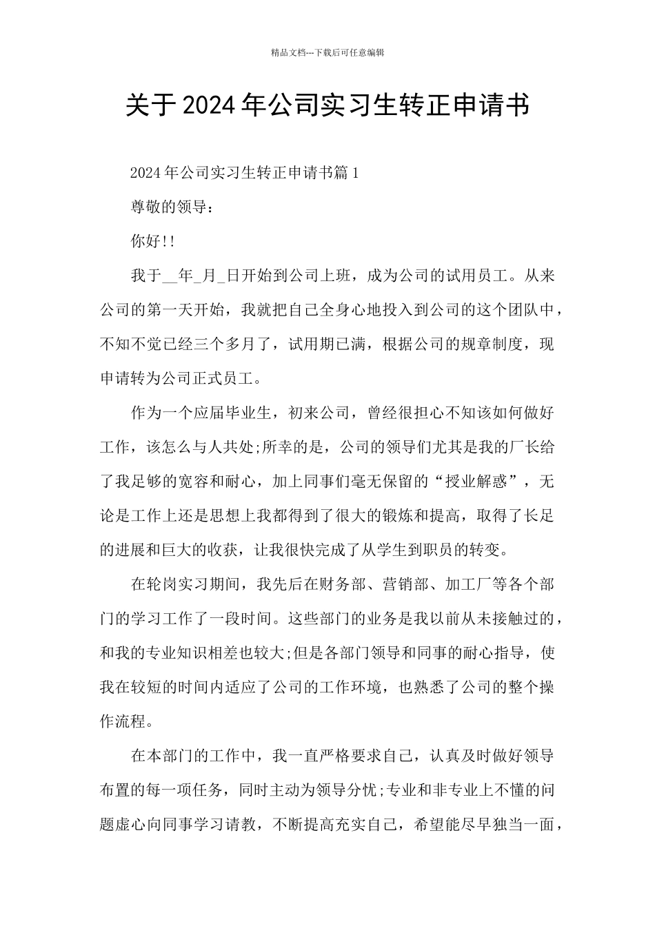 关于2024年公司实习生转正申请书_第1页