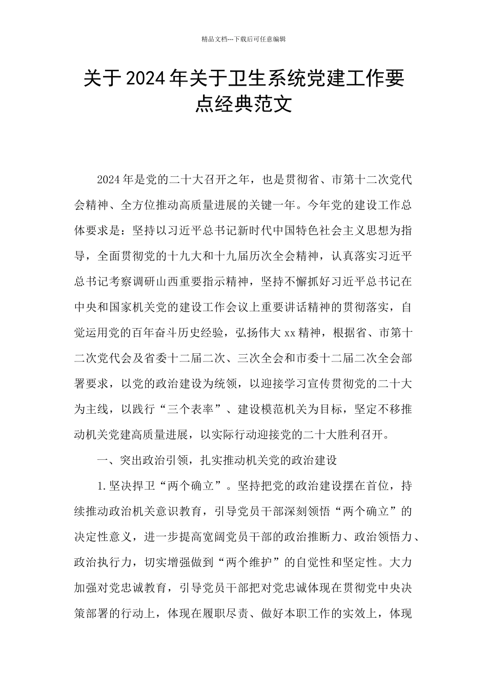 关于2024年关于卫生系统党建工作要点经典范文_第1页