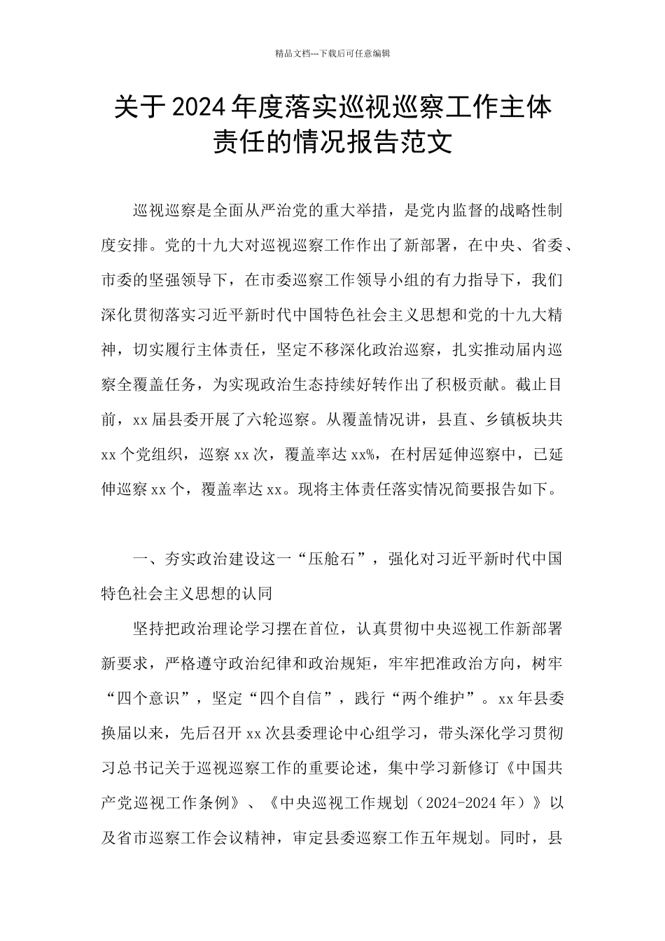 关于2024年度落实巡视巡察工作主体责任的情况报告范文_第1页