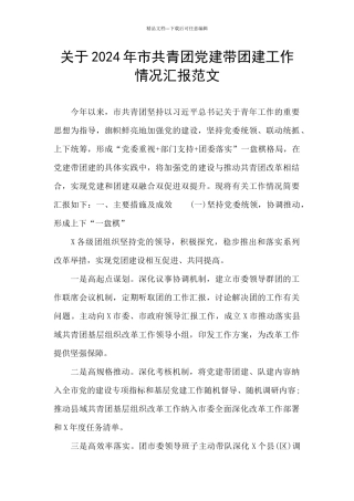 关于2024年市共青团党建带团建工作情况汇报范文