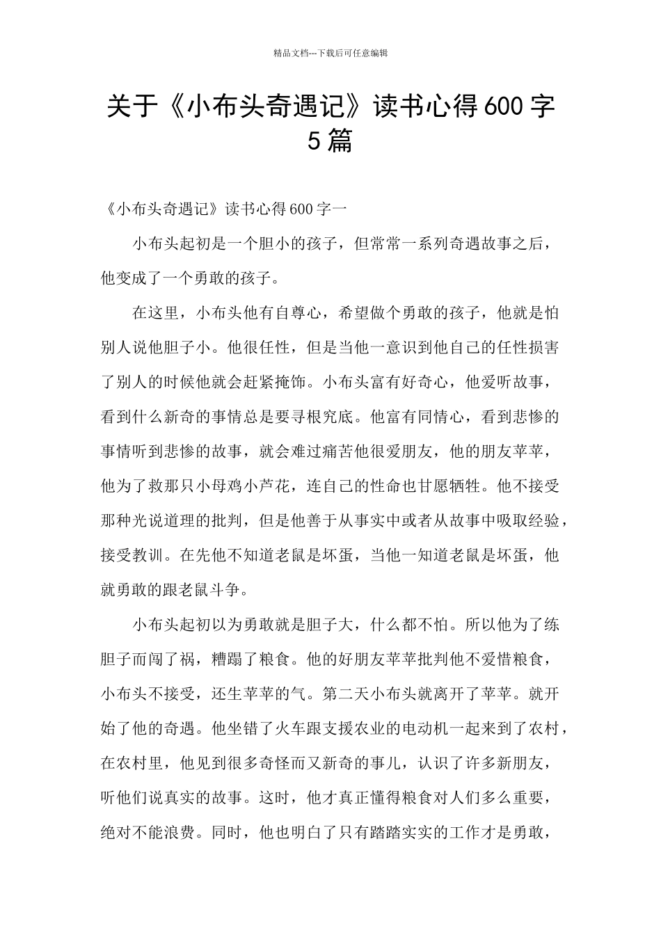 关于《小布头奇遇记》读书心得600字5篇_第1页