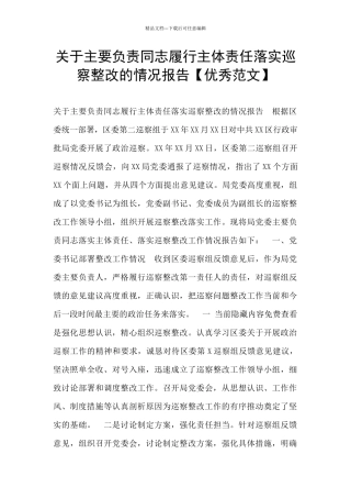 关于主要负责同志履行主体责任落实巡察整改的情况报告