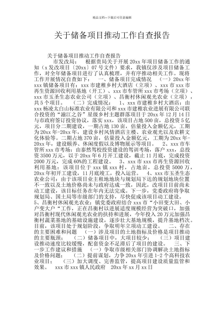 关于储备项目推进工作自查报告_第1页