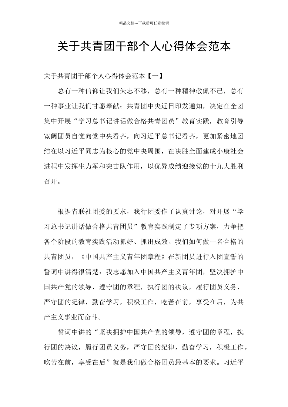 关于共青团干部个人心得体会范本_第1页