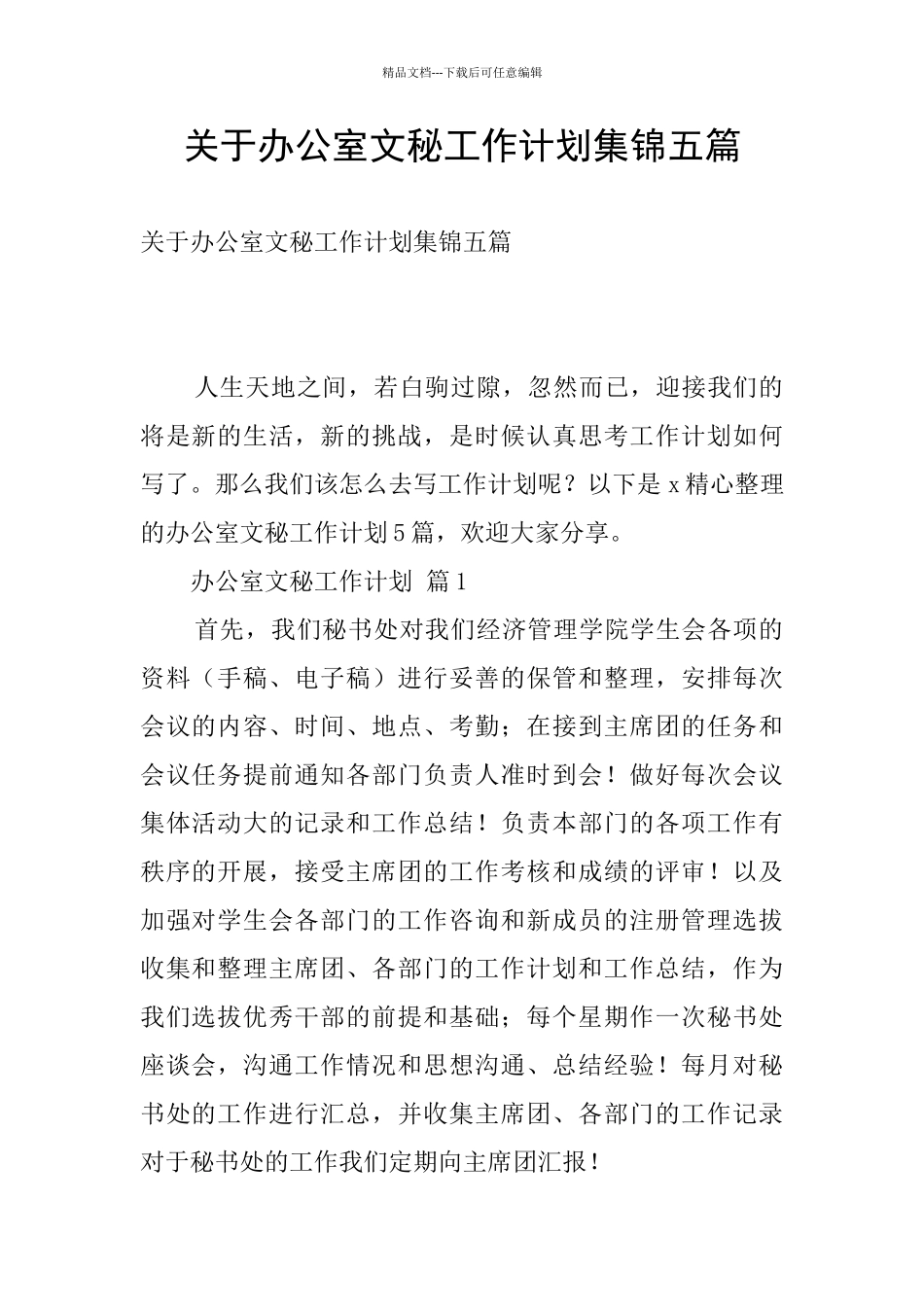 关于办公室文秘工作计划集锦五篇_第1页