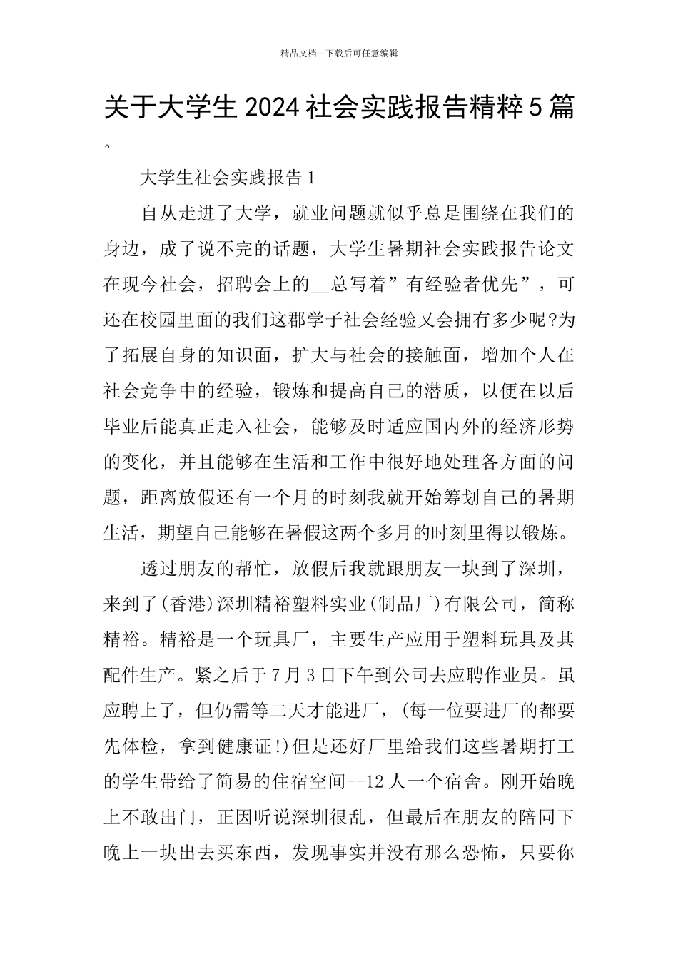 关于大学生2024社会实践报告精粹5篇_第1页