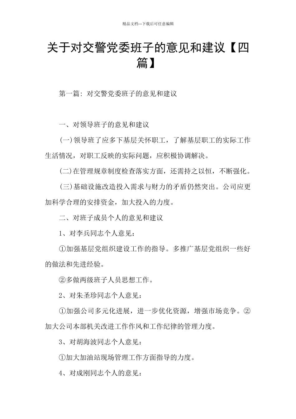 关于对交警党委班子的意见和建议_第1页
