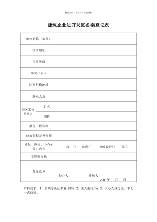 关于建筑企业进开发区备案提供的资料