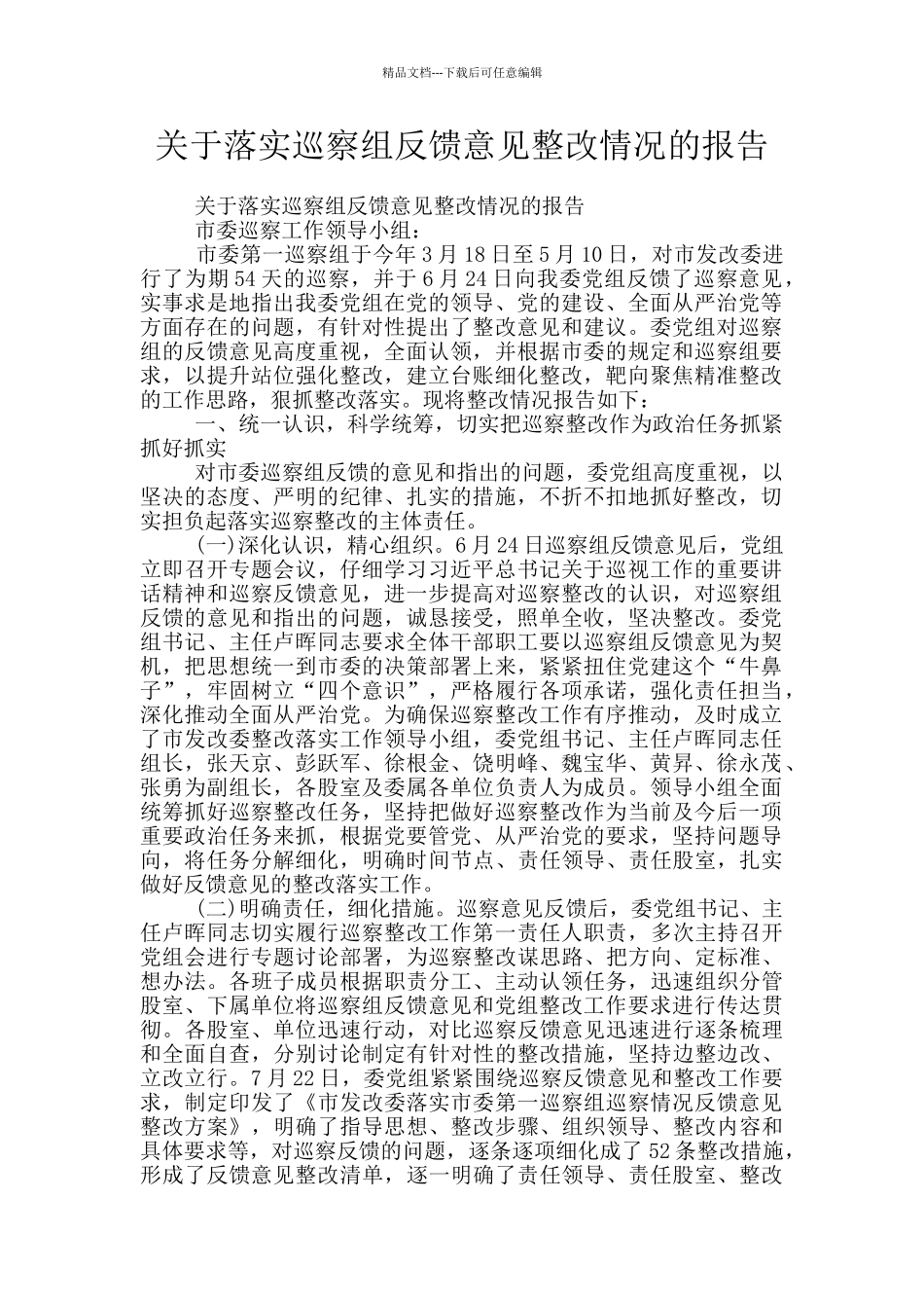 关于落实巡察组反馈意见整改情况的报告_第1页