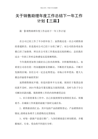 关于销售助理年度工作总结下一年工作计划