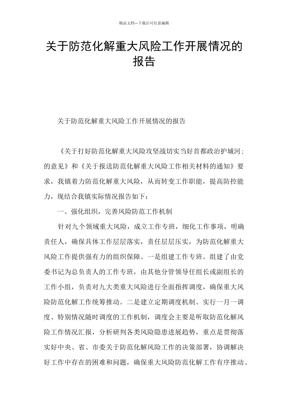 关于防范化解重大风险工作开展情况的报告_第1页