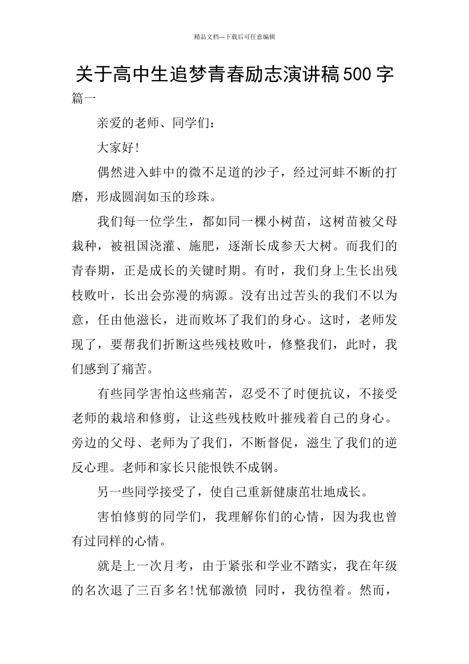 关于高中生追梦青春励志演讲稿500字_第1页