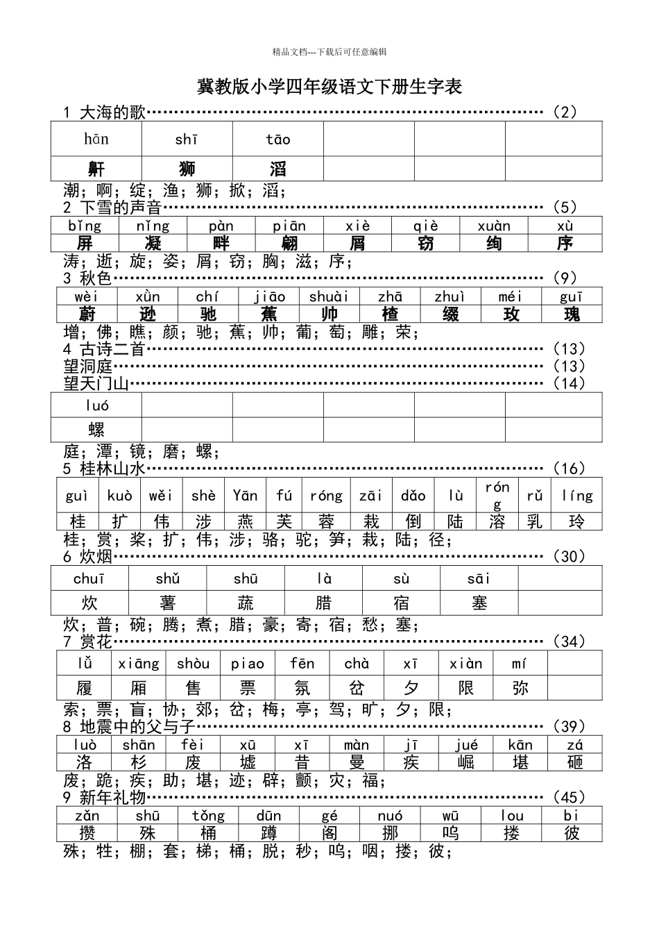 冀教版小学四年级语文上册生字_第1页