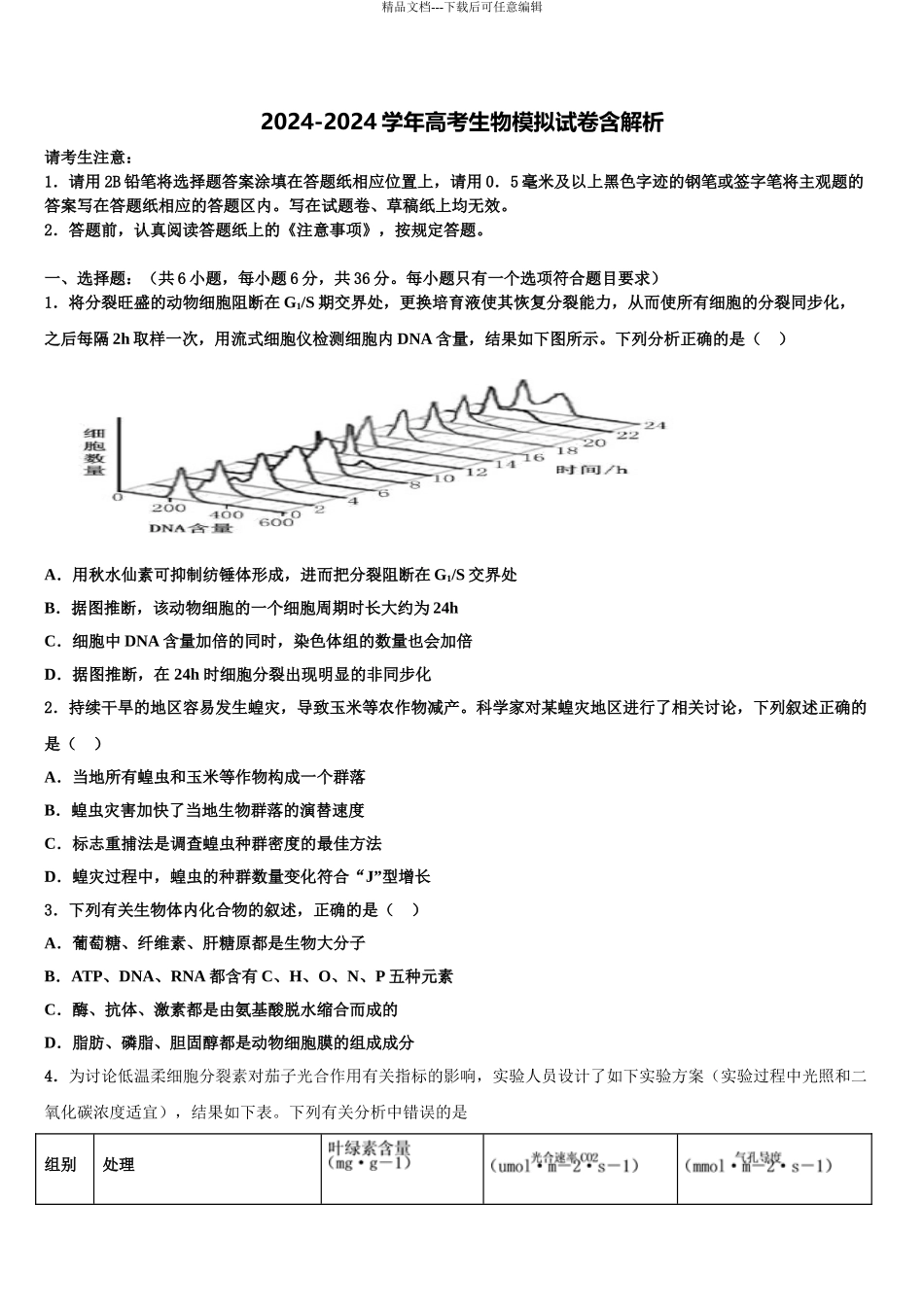 内蒙古赤峰市、呼和浩特市高考全国统考预测密卷生物试卷含解析_第1页