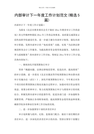 内部审计下一年度工作计划范文