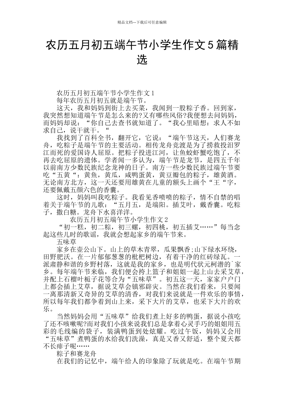 农历五月初五端午节小学生作文5篇精选_第1页