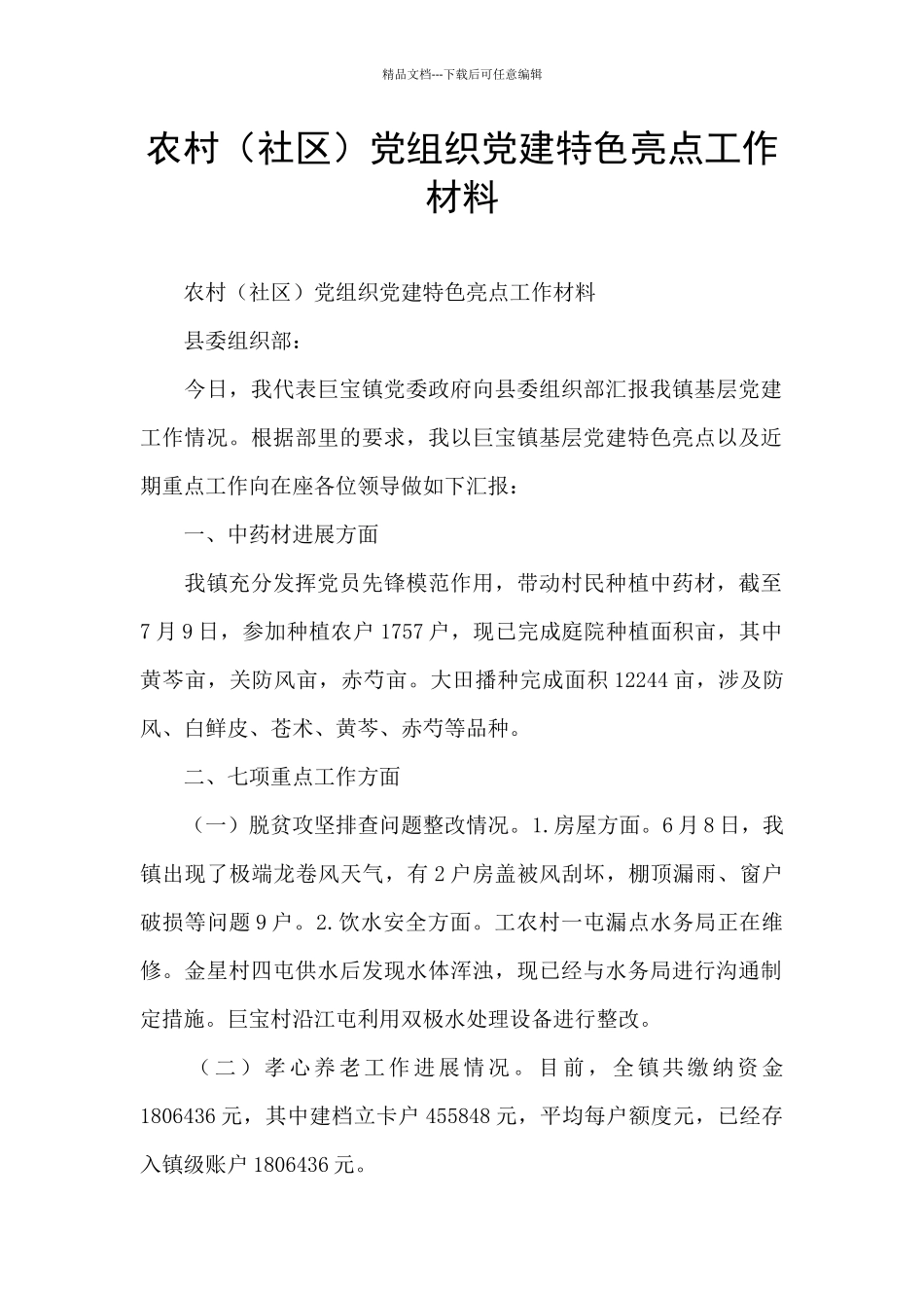 农村党组织党建特色亮点工作材料_第1页