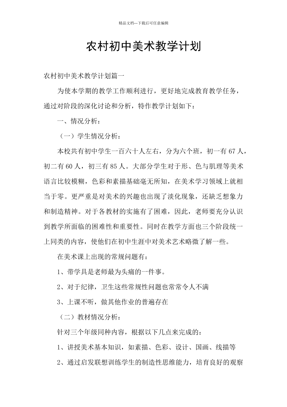 农村初中美术教学计划_第1页