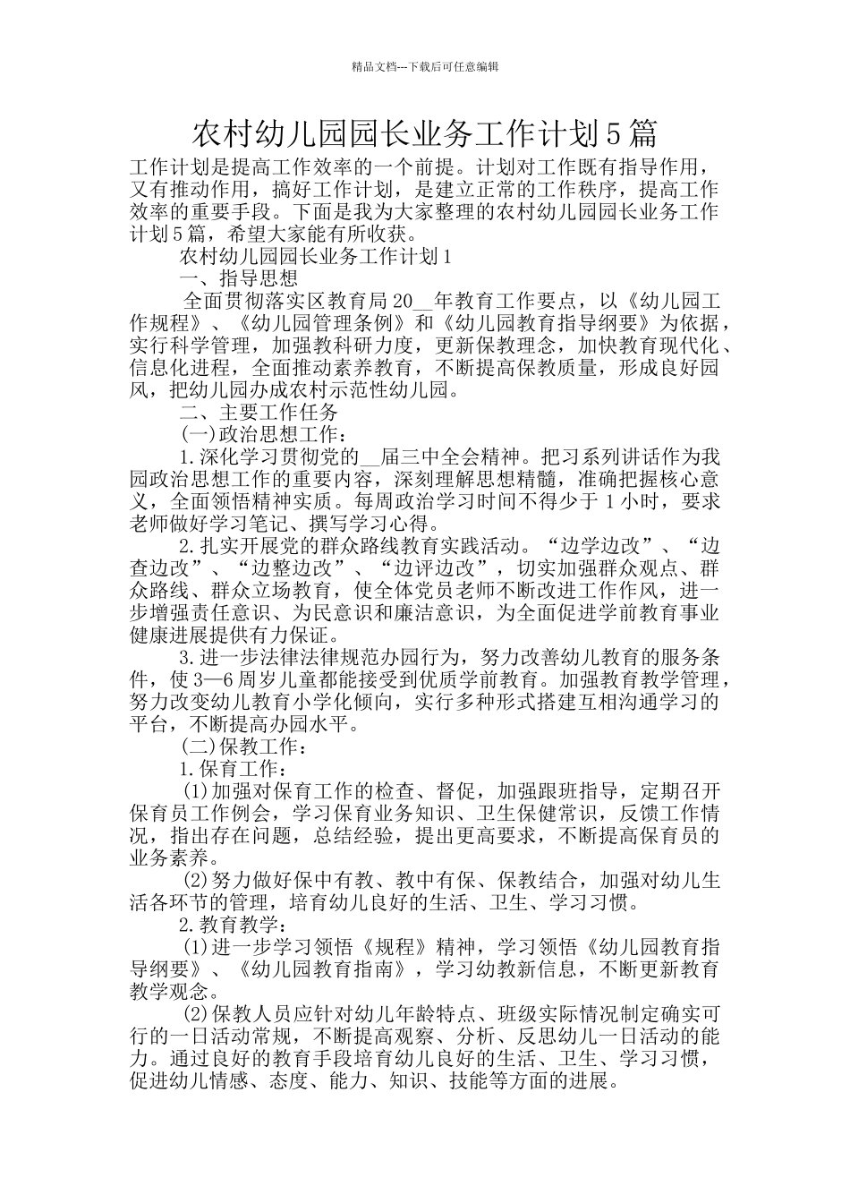 农村幼儿园园长业务工作计划5篇_第1页