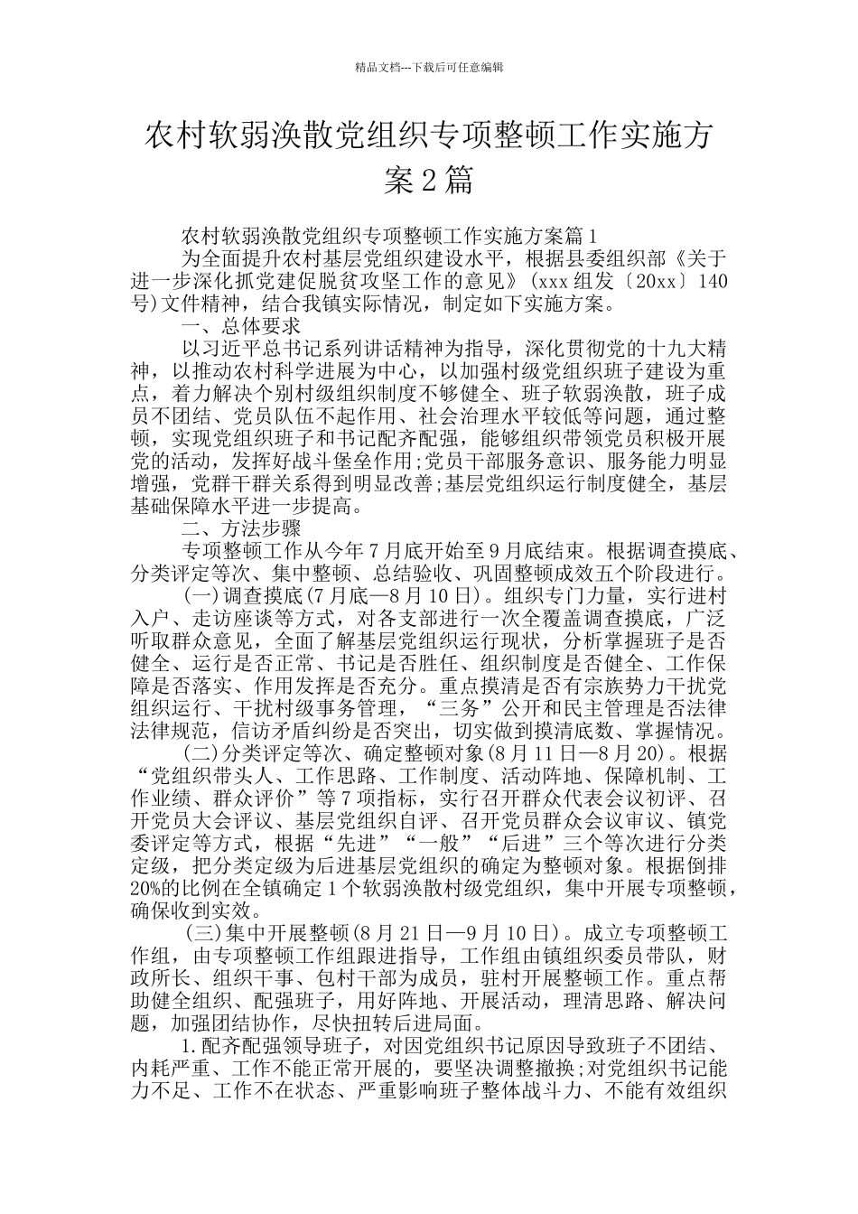 农村软弱涣散党组织专项整顿工作实施方案2篇_第1页