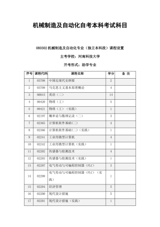 2025年机械制造及自动化自考本科考试科目