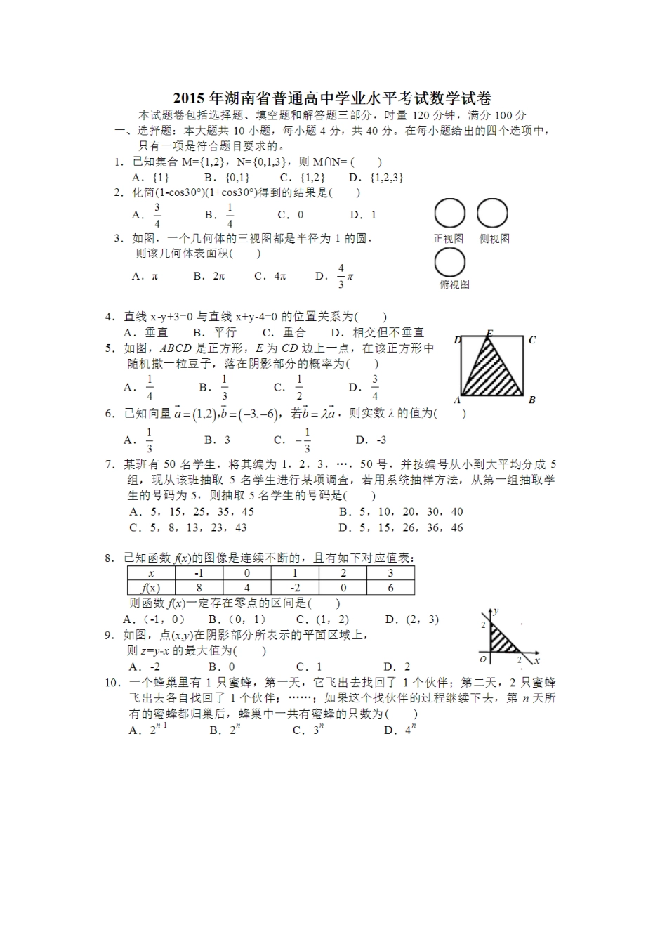 2025年湖南省普通高中学业水平考试数学试卷_第1页