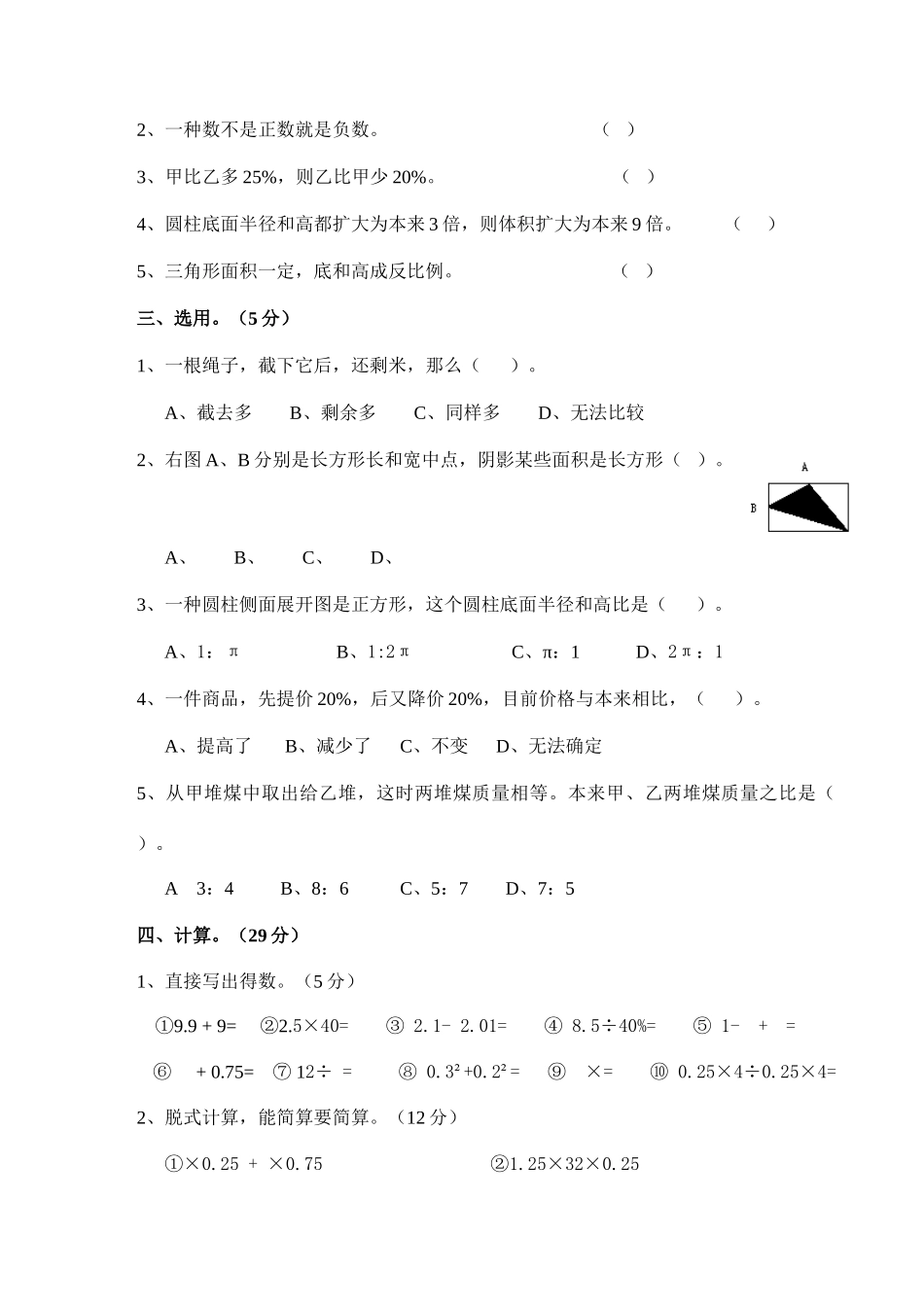 2025年小学六年级数学小升初试卷及答案_第2页