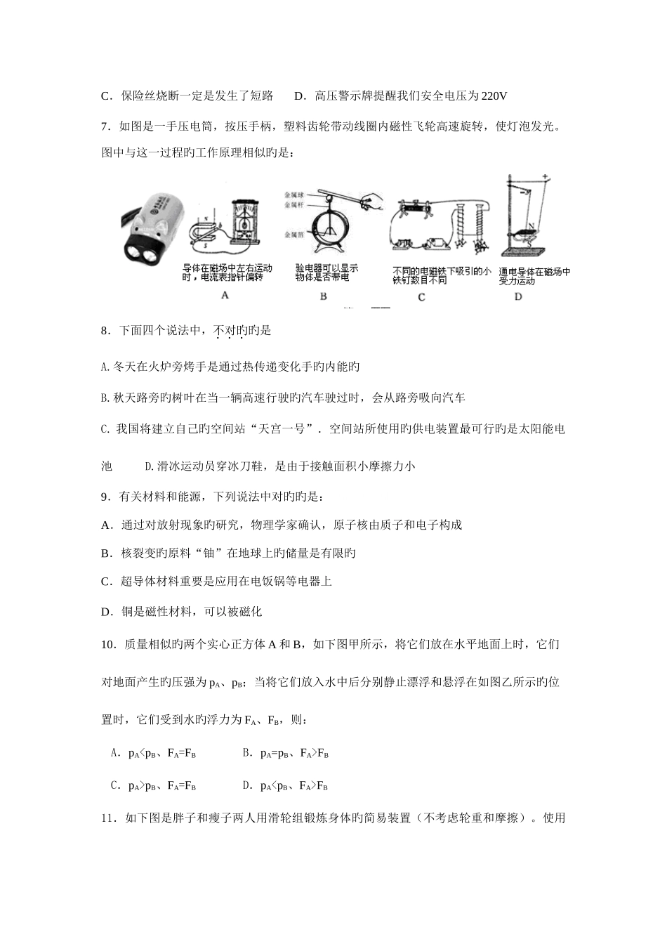 2025年山东省平原九年级毕业生学业水平考试物理试题人教版_第3页