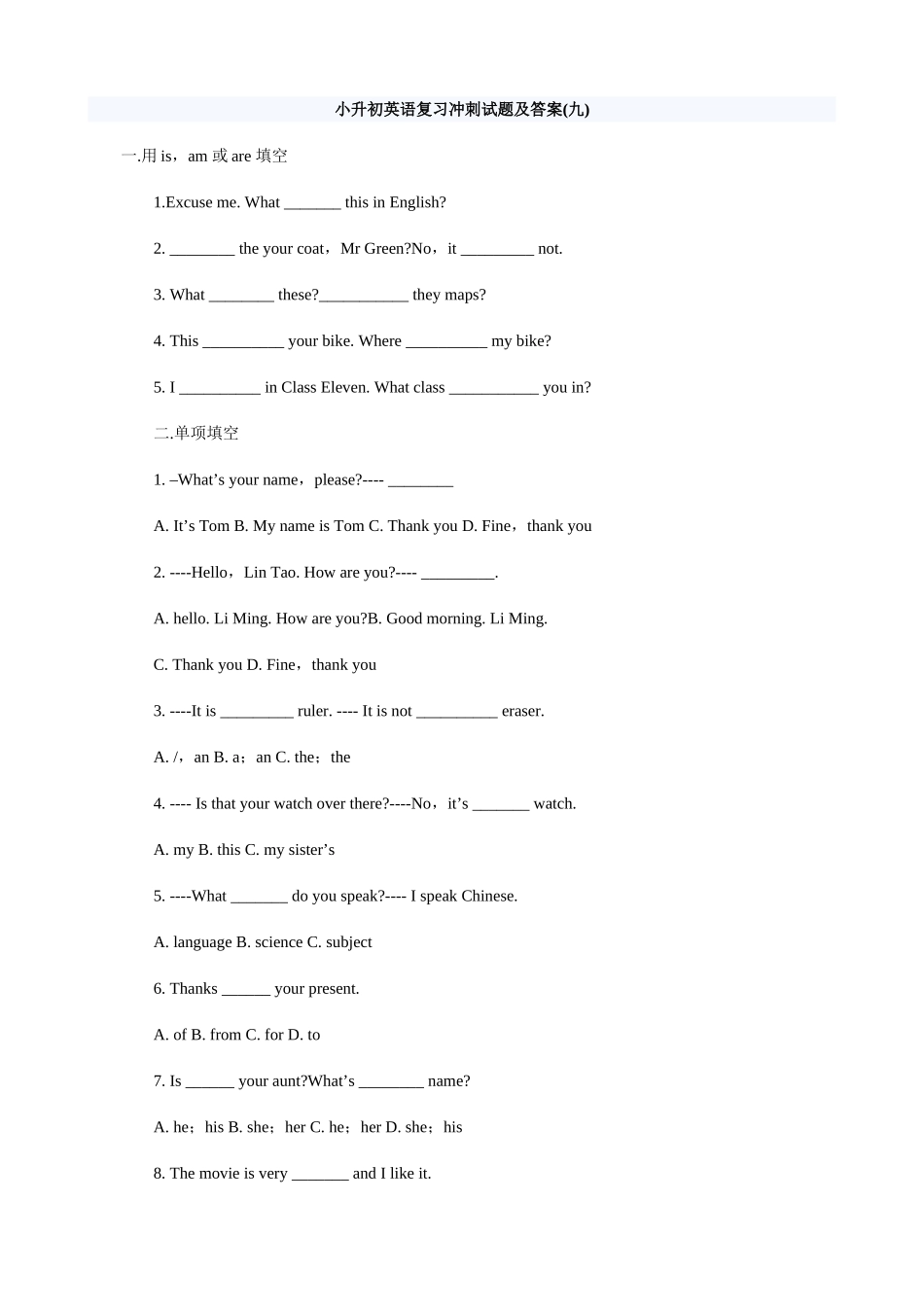 2025年小升初英语复习冲刺试题九_第1页