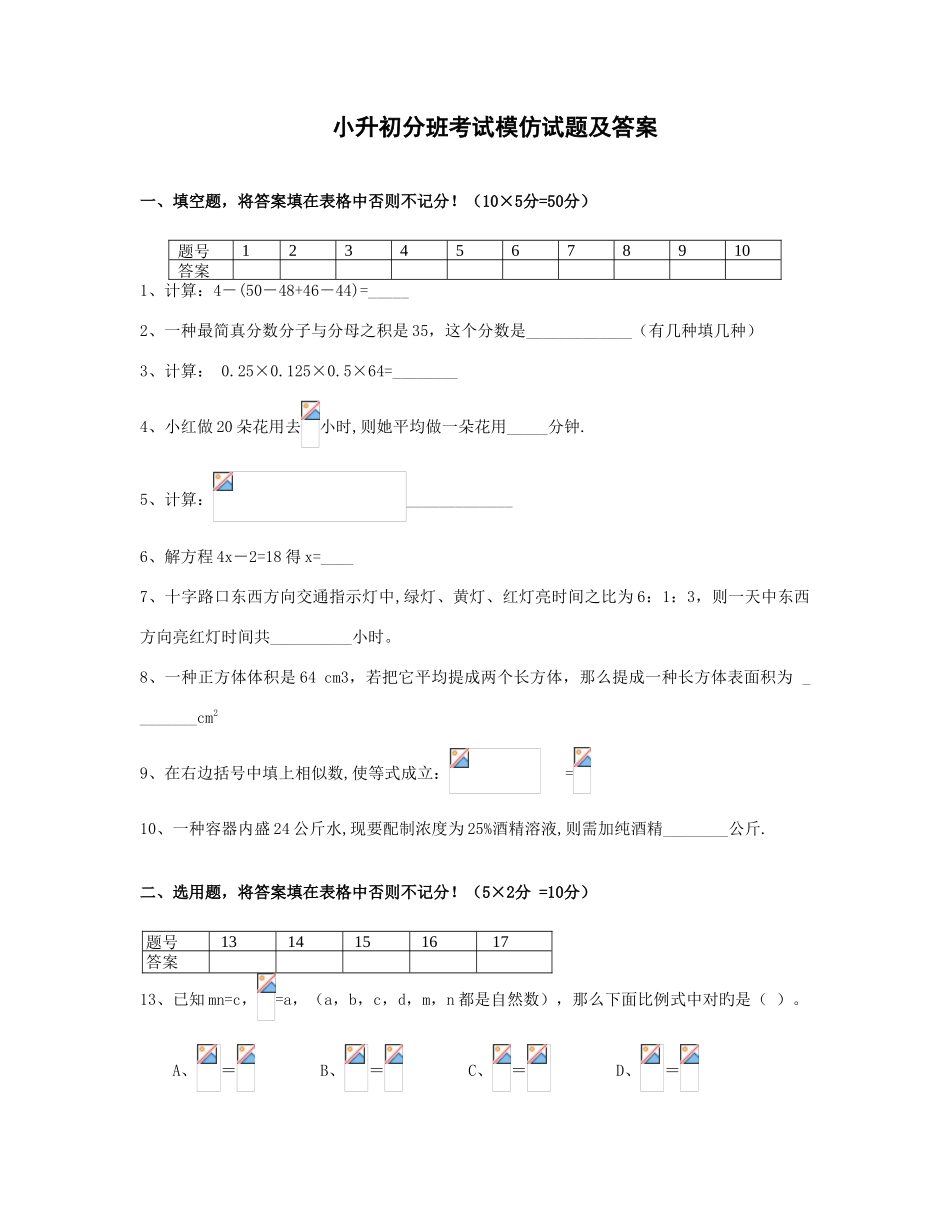 2025年小升初分班考试模拟试题及答案_第1页