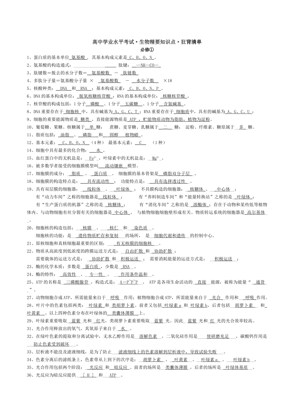 2025年高中生物学考知识点背诵清单说课讲解_第1页