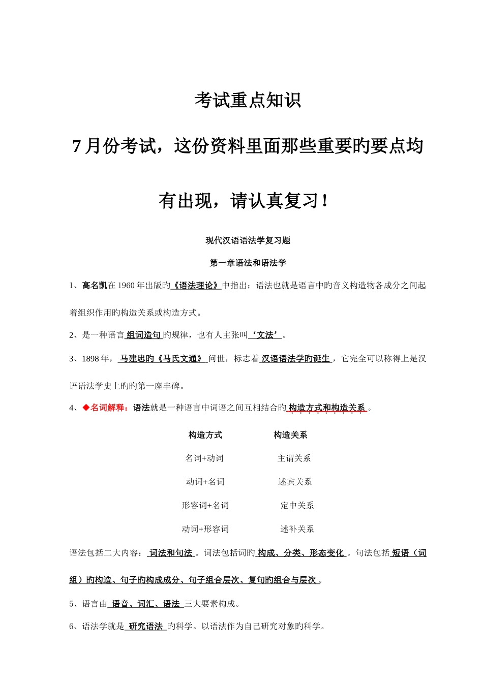 2025年自考现代汉语语法研究重点复习资料必过_第1页