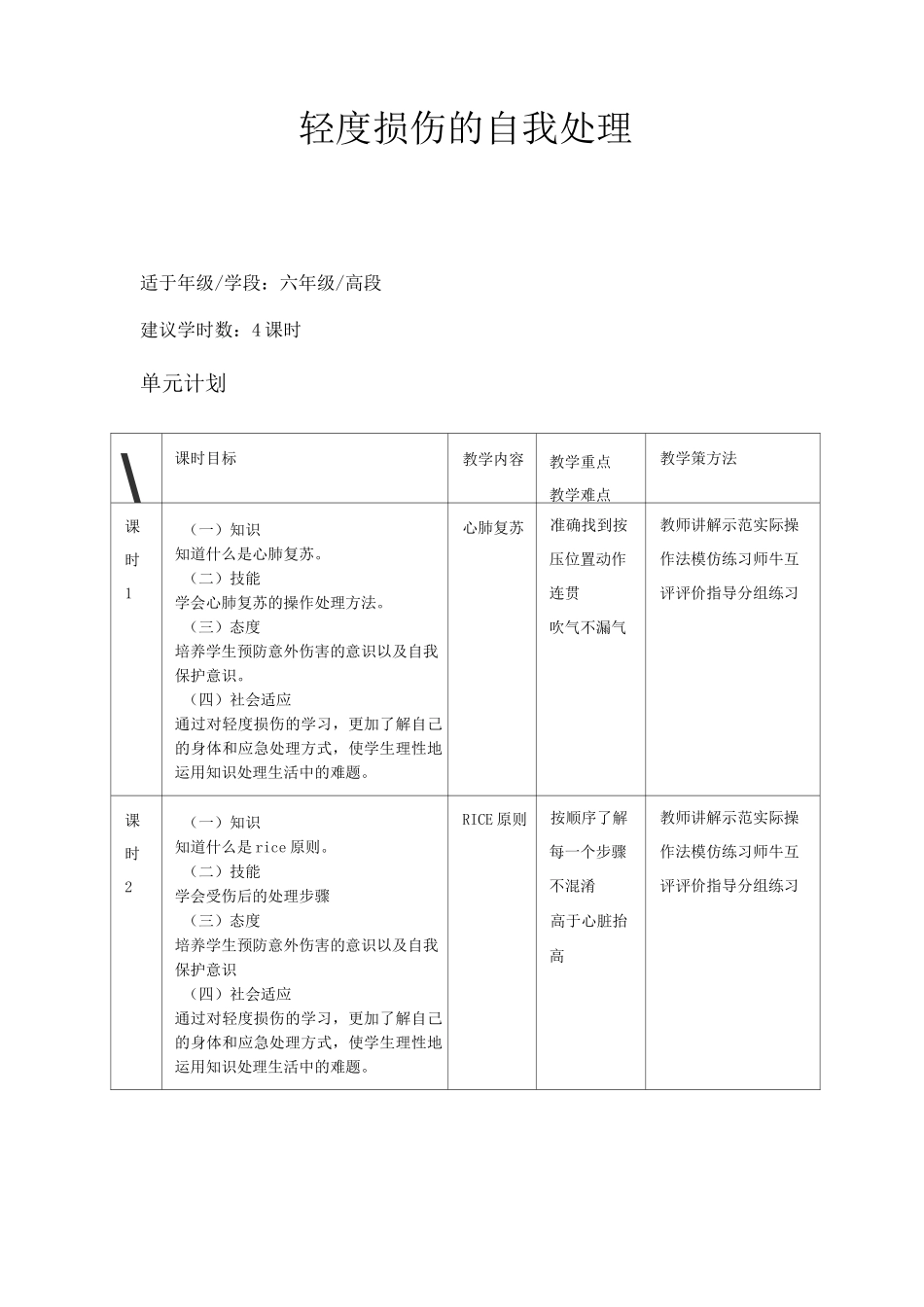 体育与健康 六年级教案轻度损伤的自我处理 _第1页