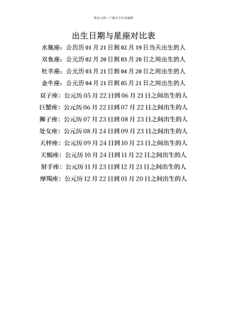 出生日期与星座对照表