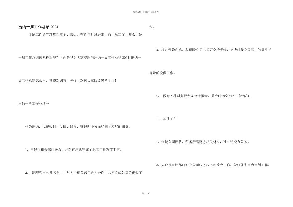 出纳一周工作总结2024_第1页