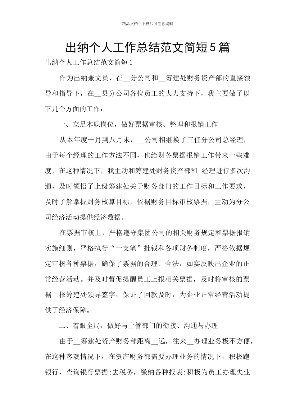 出纳个人工作总结范文简短5篇_第1页