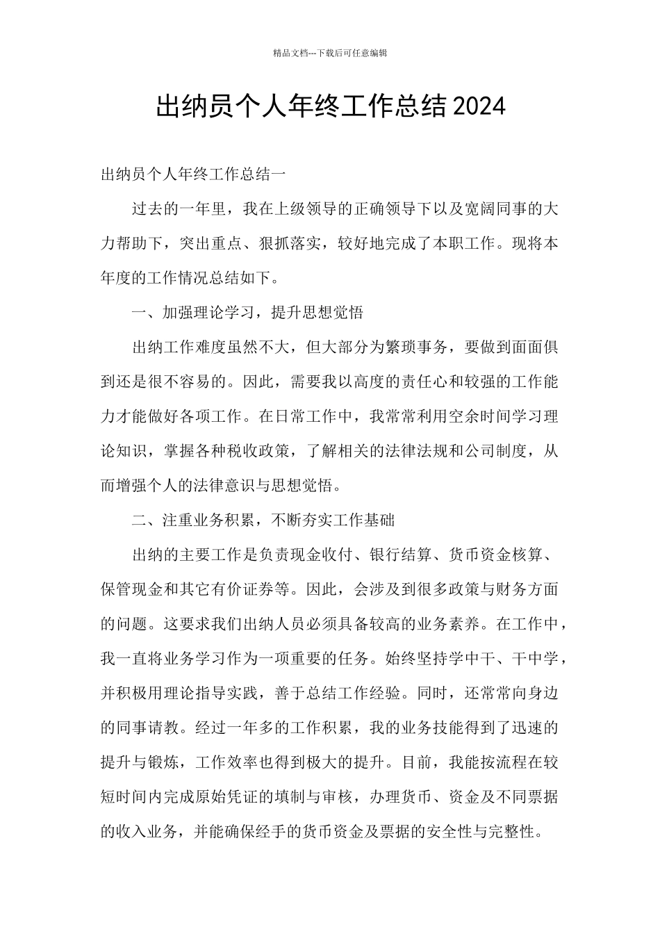 出纳员个人年终工作总结2024_第1页