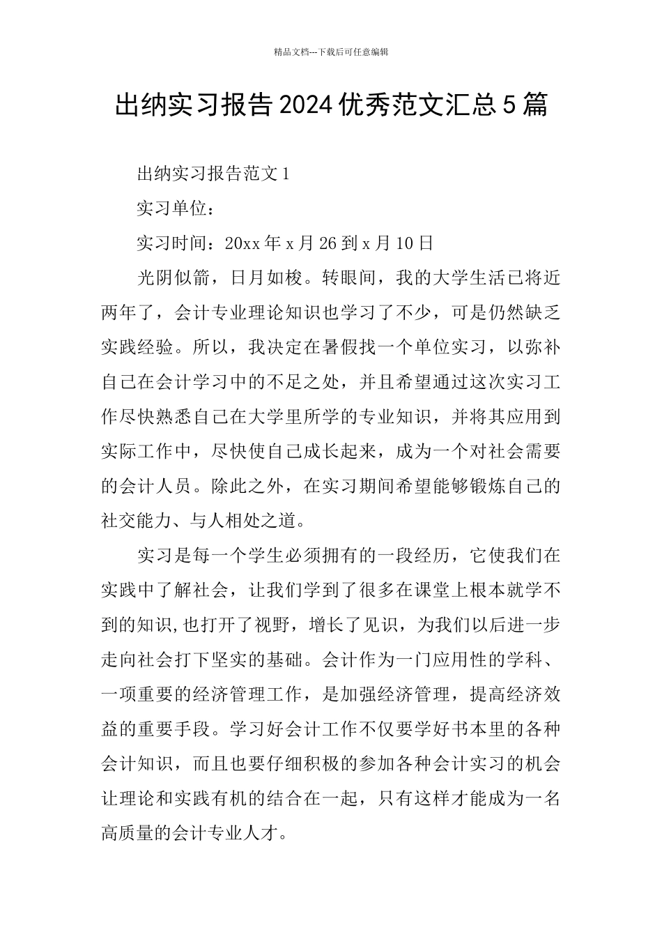 出纳实习报告2024优秀范文汇总5篇_第1页