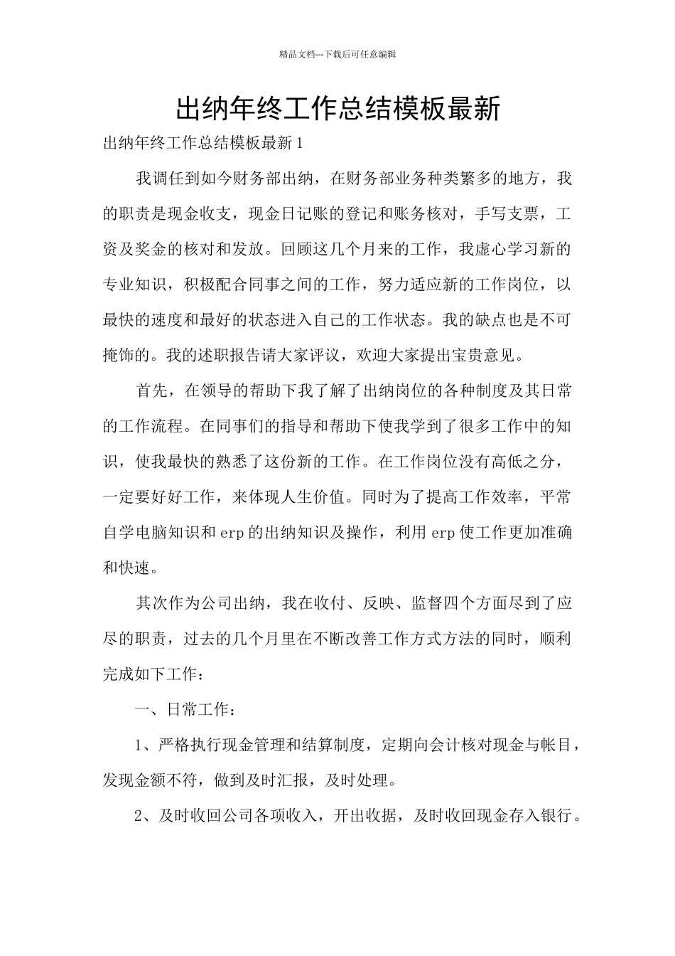 出纳年终工作总结模板最新_第1页
