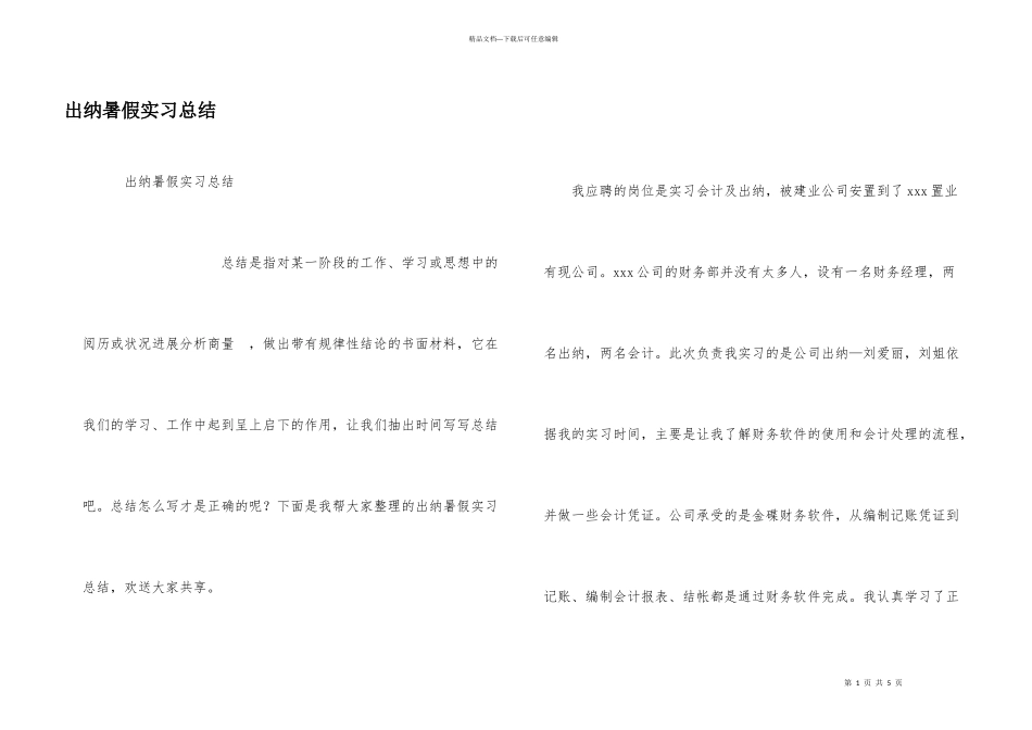 出纳暑假实习总结_第1页