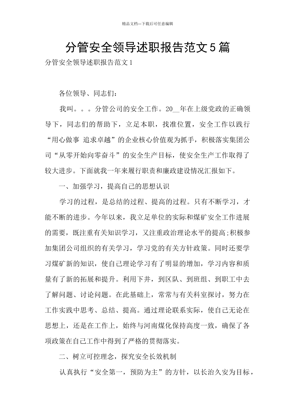 分管安全领导述职报告范文5篇_第1页