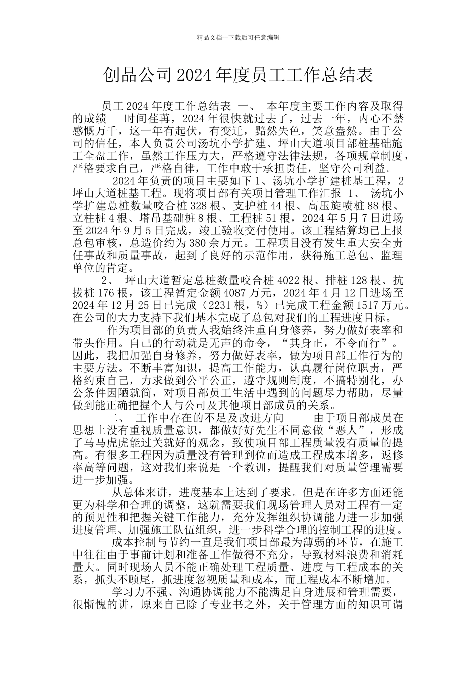 创品公司2024年度员工工作总结表_第1页