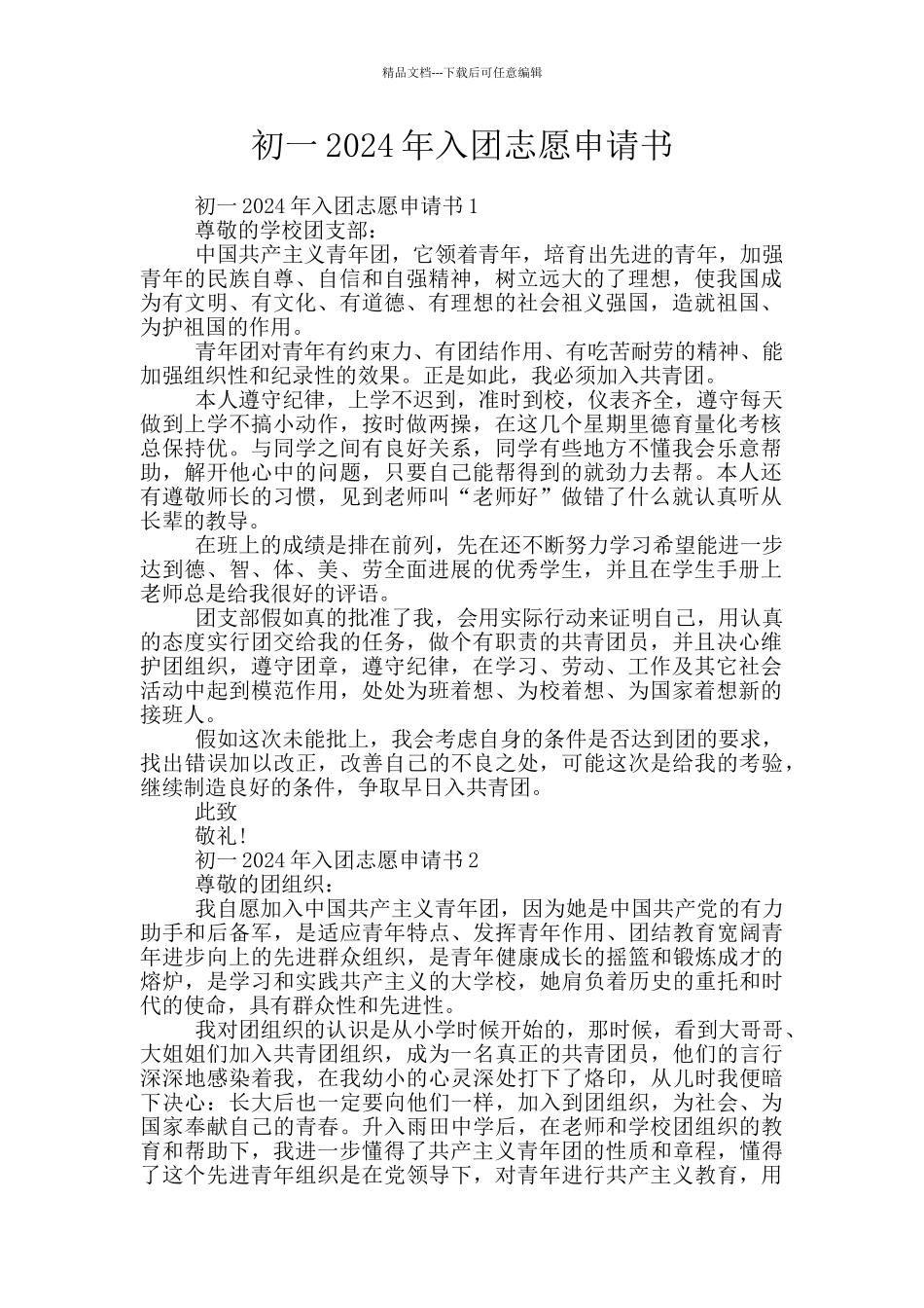 初一2024年入团志愿申请书_第1页