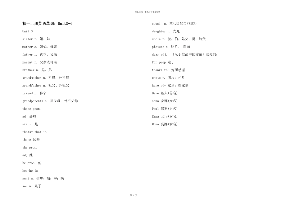 初一上册英语单词：Unit3_第1页