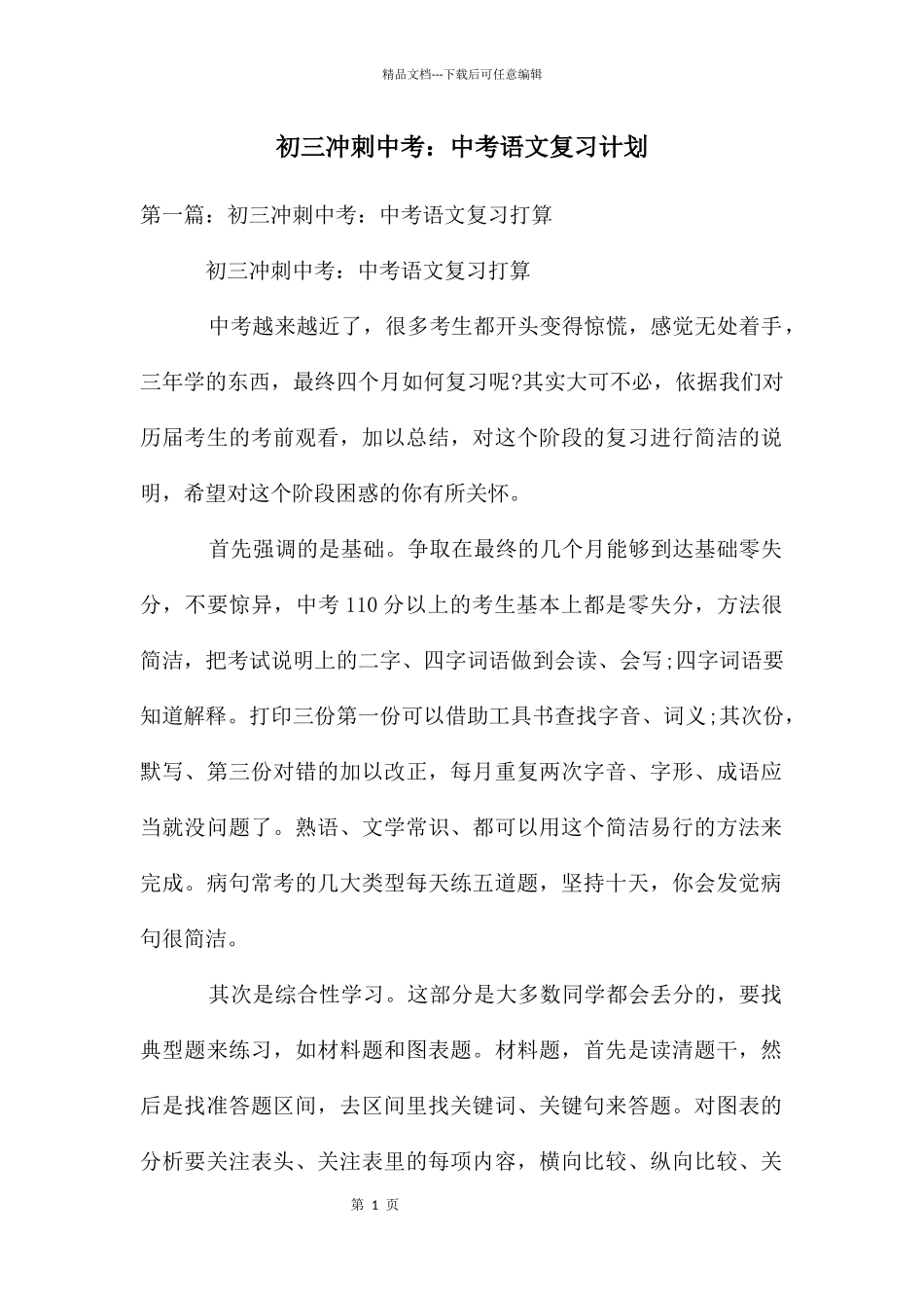 初三冲刺中考：中考语文复习计划_第1页