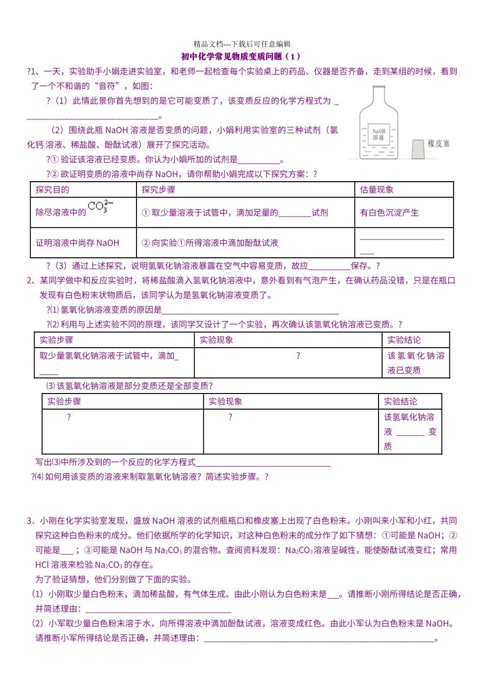 初中化学常见物质变质问题38416_第1页