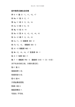 初中常用元素化合价表