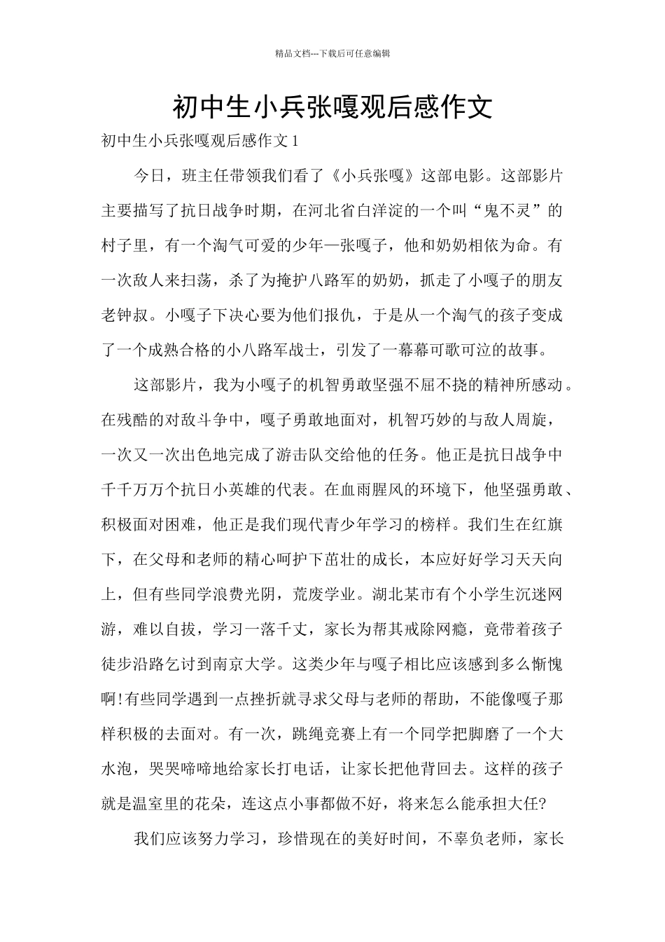 初中生小兵张嘎观后感作文_第1页
